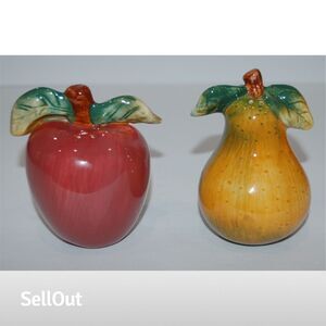 Vintage Apple & Pear Ceramic Salt & Pepper Shakers Hand Painted Glazed Stoppers